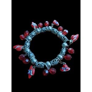 Red Hat Society Stretch  Bracelet Red Beads Red Enamel Silver Back Hat Charms